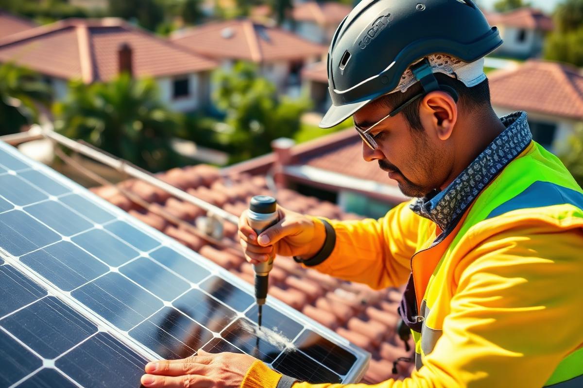 Rooftop solar for home Ahmedabad - technician installing solar panels in Gujarat
